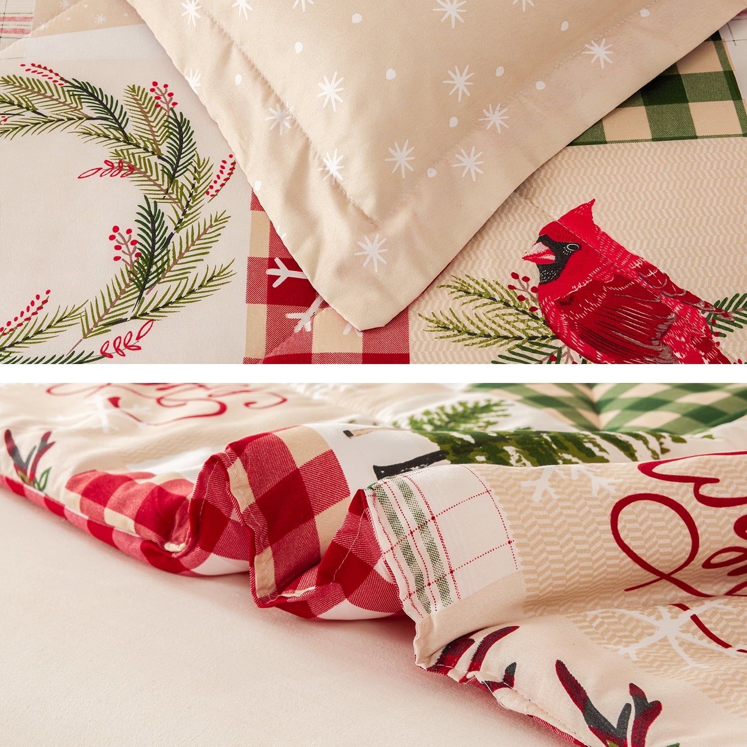 All-Season 3 Pcs Christmas Comforter Set, Bed in a Bag Wreath Snowman Queen/Full Size Xmas Bedding Set Fitted Pillowcases for Adult - Luxurious Quilted Duvet Cover Set Detail