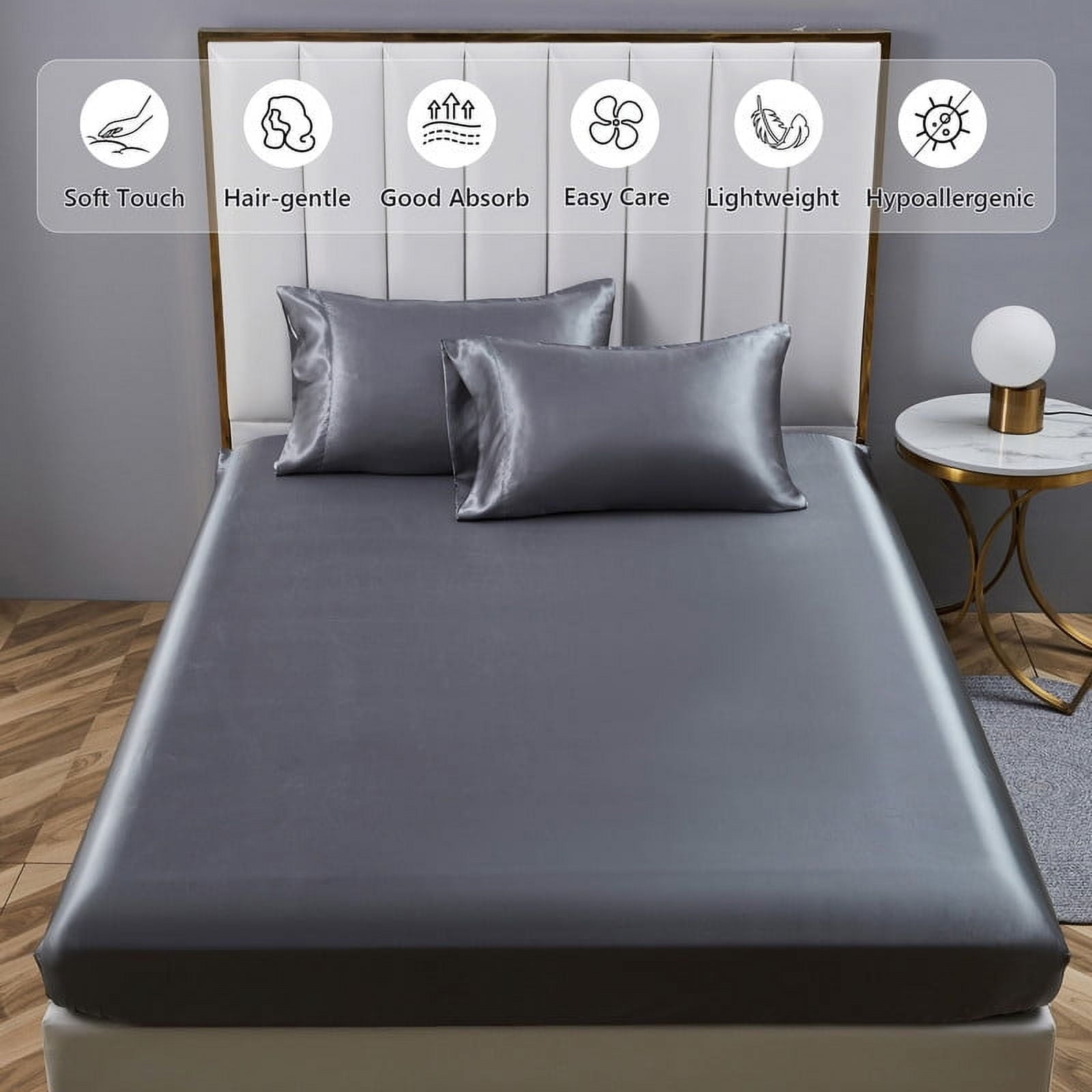 Cooling Sateen Luxury 5-Piece Satin Sheets Twin Silk Sheets Bed Sheet Set Ultra-Silky & Skin-Friendly Deep Pocket Bed Flat Fitted Sheet - Premium Ultra-Soft Pillowcase Pair for Sleeping Detail