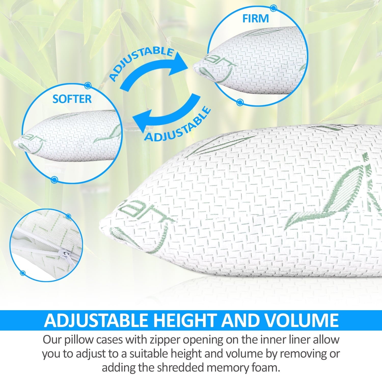 Fluffy Shredded Queen Size Bamboo Pillow, Memory Foam Bed Pillows with Washable Pillowcases, Queen - Hotel Quality Plush Sleeping Pillows Detail