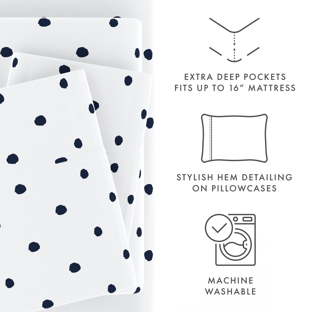Breathable Luxury 4 Piece Pattern Microfiber Bed Sheets Set, Navy Dots, California King - Premium Ultra-Soft Pillowcase Pair for Sleeping Detail