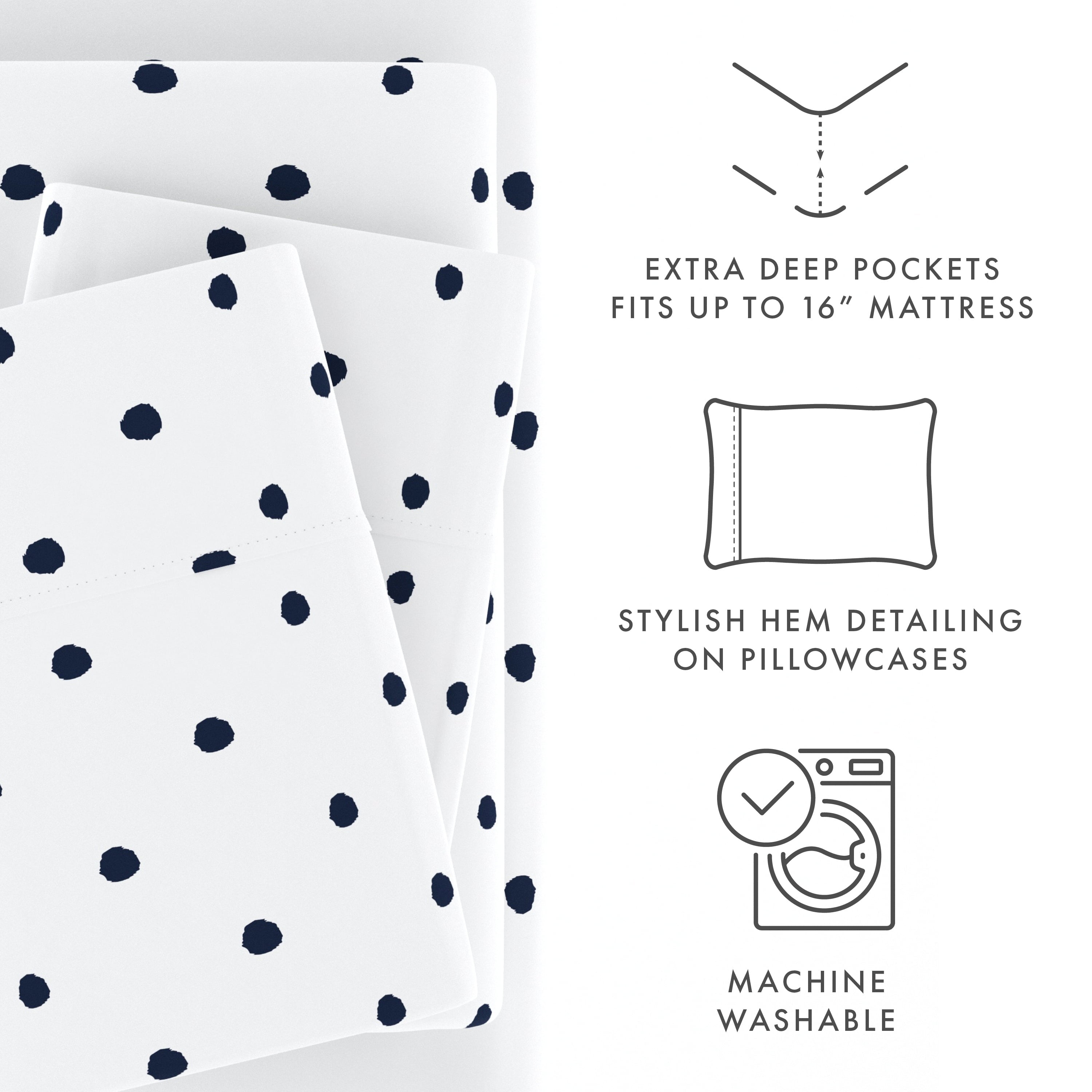 Breathable Luxury 4 Piece Pattern Microfiber Bed Sheets Set, Navy Dots, California King - Premium Ultra-Soft Pillowcase Pair for Sleeping Detail