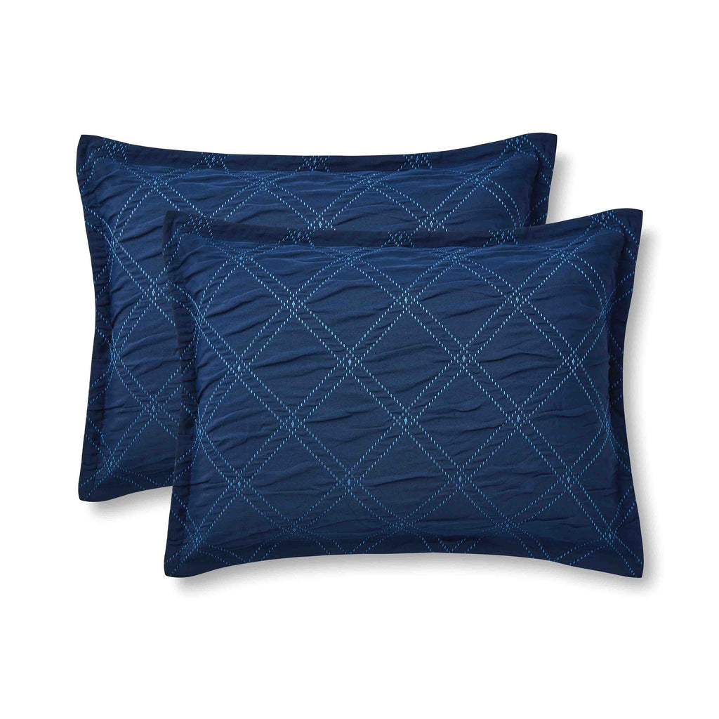 All-Season 5-Piece Reversible Comforter Set Navy Cross Stitch Bedding with Decor Pillow and Throw, Full/Queen - Hypoallergenic Ultra-Fluffy Quilt for Winter Detail