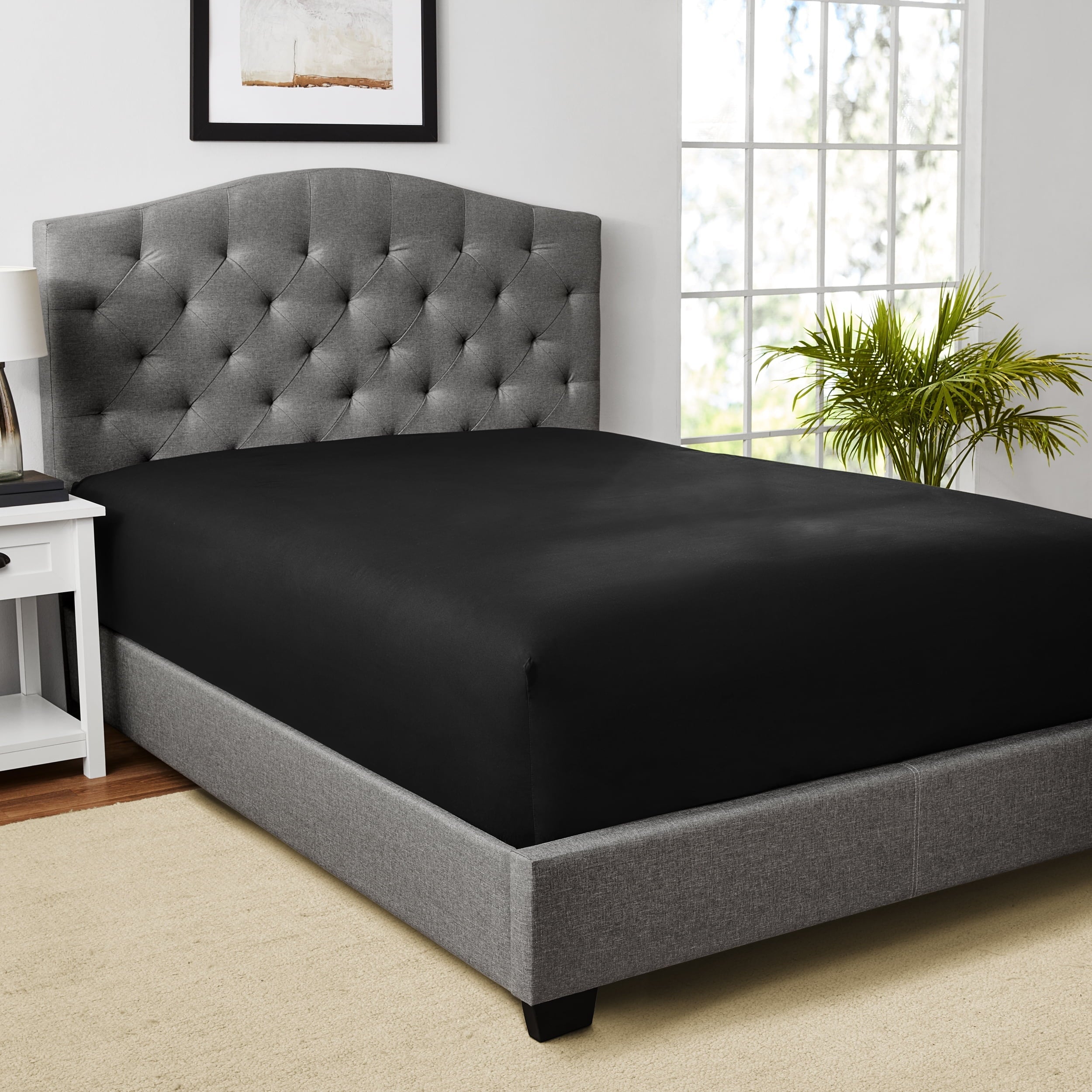 Breathable Luxury Easy Care Solid Rich-Black CVC Cotton Blend Fitted Sheet, Full - Premium Ultra-Soft Pillowcase Pair for Sleeping Detail