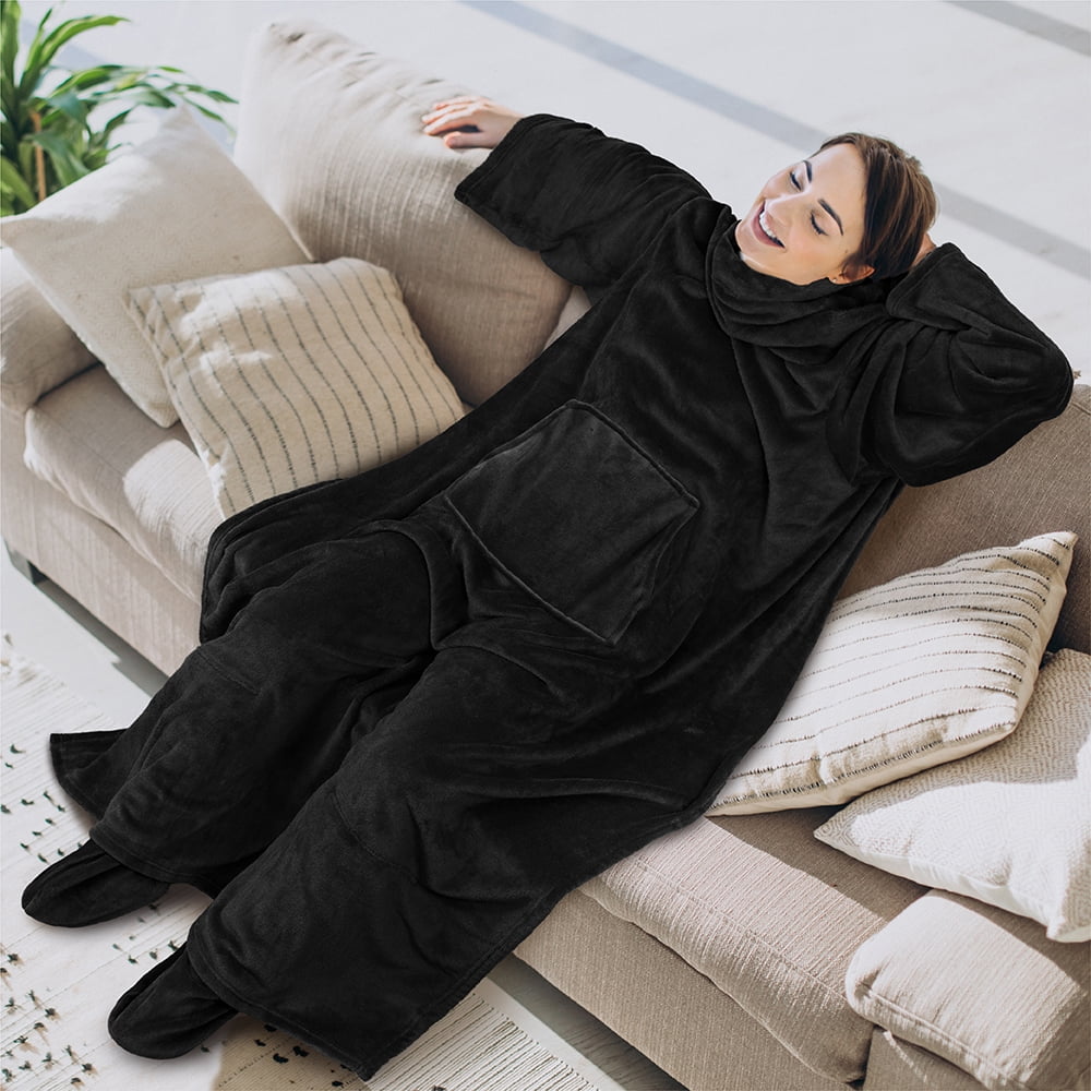 Reversible Sherpa Fleece Blanket with Sleeves, Foot Pockets for Women Men Adults, Plush Wearable Blanket Throw Wrap, Warm Snuggle Blank... - Cozy Fleece Throw Blanket for Couch & Bed Detail