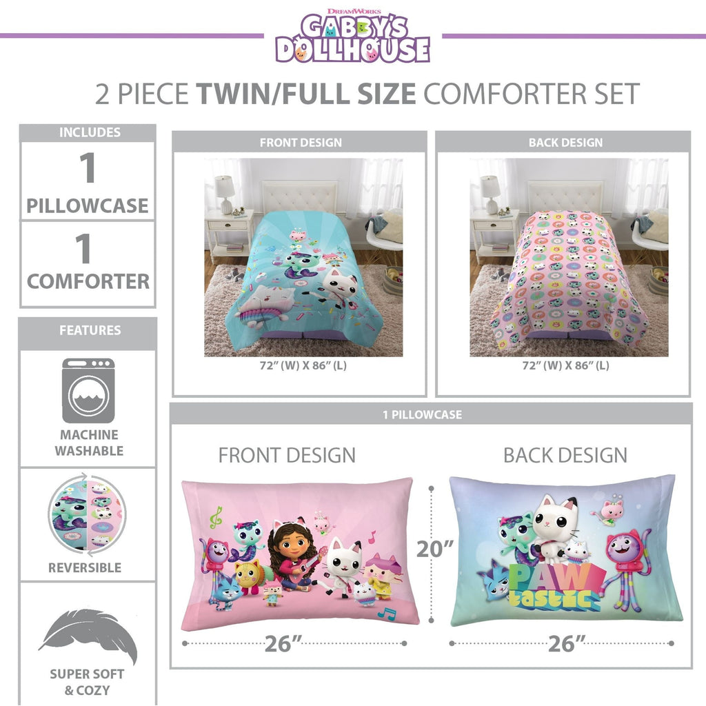 Hypoallergenic Cloud Gabby's Dollhouse Kids Comforter and Pillowcase, 2-Piece Set, Twin/Full, Reversible - Cloud-Like Soft Lightweight Bed Comforter Detail