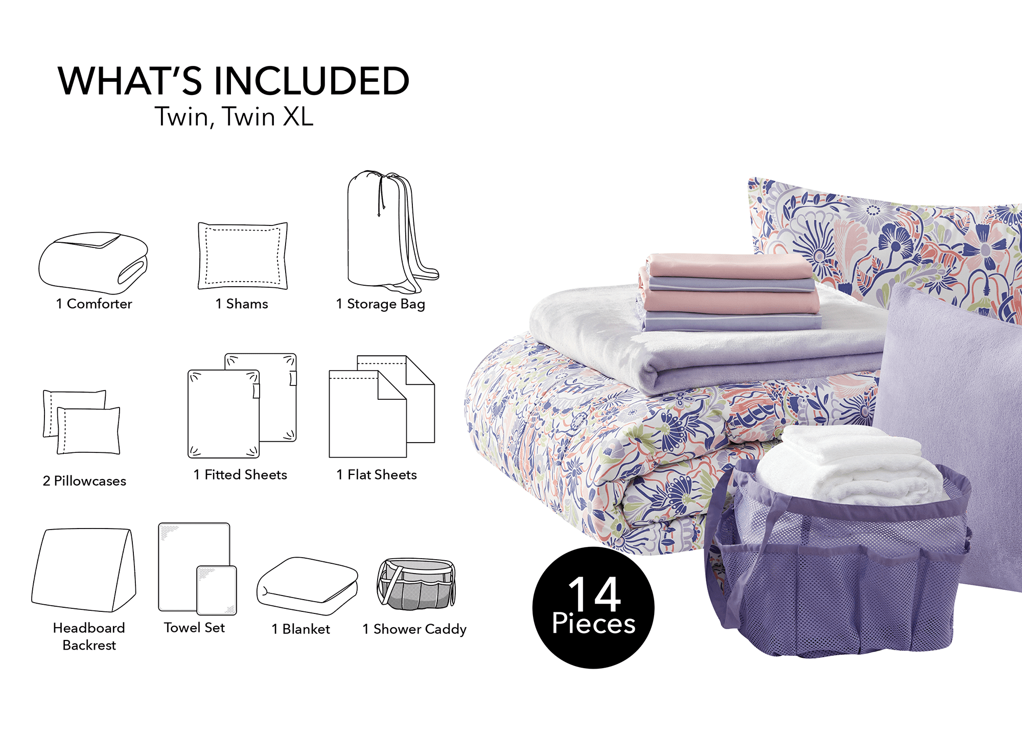 All-Season 14pc College Dorm Essentials Bundle, Twin-XL, Reversible Bed in a Bag Comforter Set, Purple Floral - All-Season Down Alternative Comforter Insert Detail