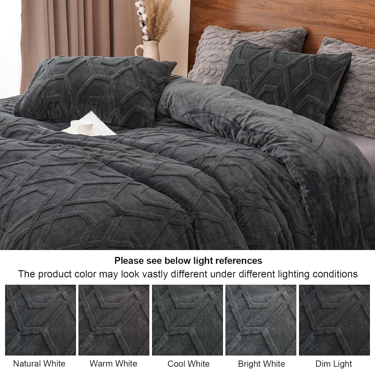 Heavyweight Warmth Warm Sherpa Fleece Queen Comforter Set, 3D Tufted Fluffy Dark Grey Bedding for Winter, Soft 3 Pieces Shaggy Bed Set, ... - All-Season Down Alternative Comforter Insert Detail