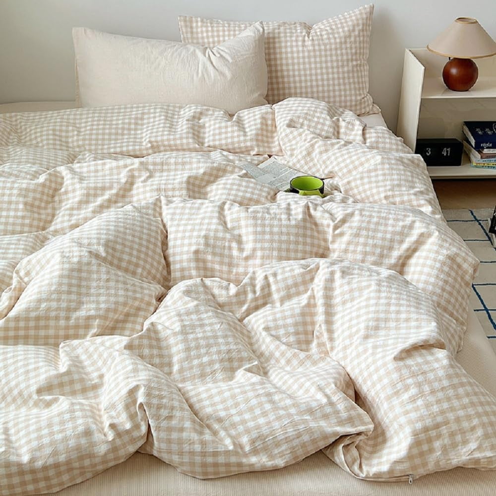 All-Season Soft Beige White Plaid Comforter Twin Sets, 2 Pieces Breathable Plaid Buffalo Checkered Comforter for All Season - Hypoallergenic Ultra-Fluffy Quilt for Winter Detail