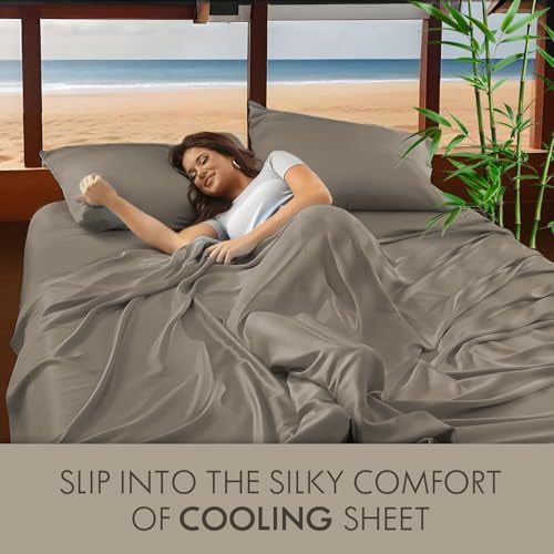 Wrinkle-Resistant Home 4-Piece Queen Bamboo Bed Sheet Set, 100% Organic Cooling Fabric, 16" Deep Pocket, Taupe - Premium Ultra-Soft Pillowcase Pair for Sleeping Detail