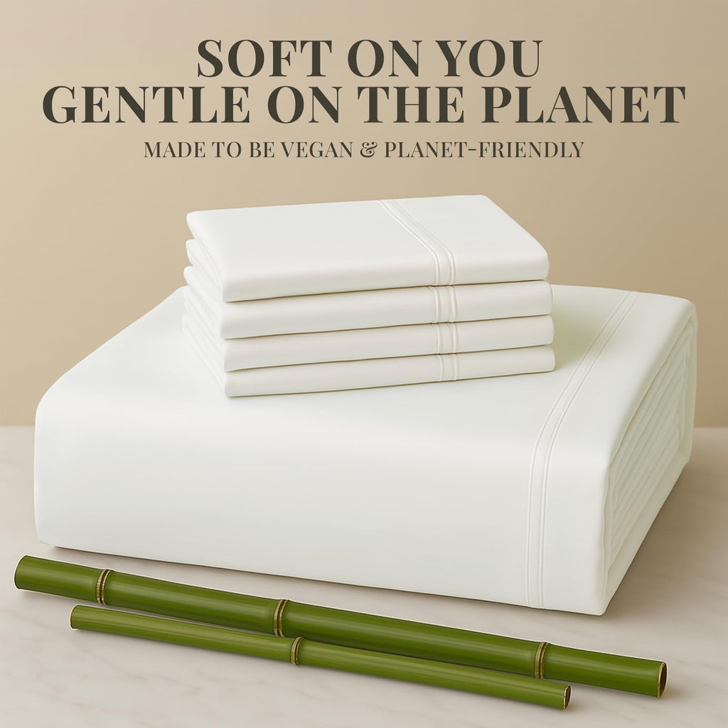 Cooling Sateen Sacred Thread Rayon Derived , 18'' Deep Pocket Cooling Sheets for Hot Sleepers, 6 PC Cooling Sheets (Queen Size - Breathable Egyptian Cotton Flat & Fitted Sheets Detail