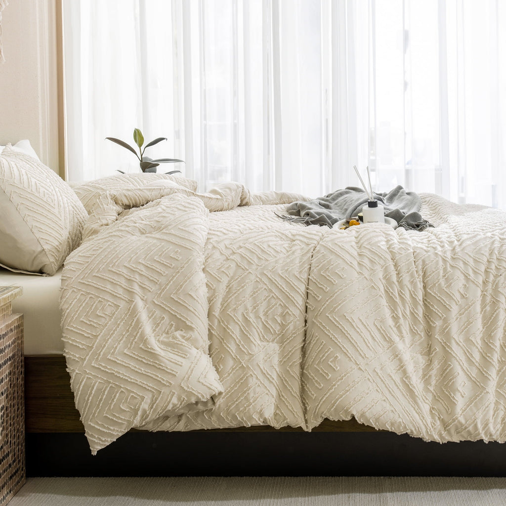 Heavyweight Warmth King Size Comforter Sets Beige - 3 Pieces Cream Boho Bedding Comforter Set for King Bed - Soft Fluffy Tufted Textured... - Luxurious Quilted Duvet Cover Set Detail