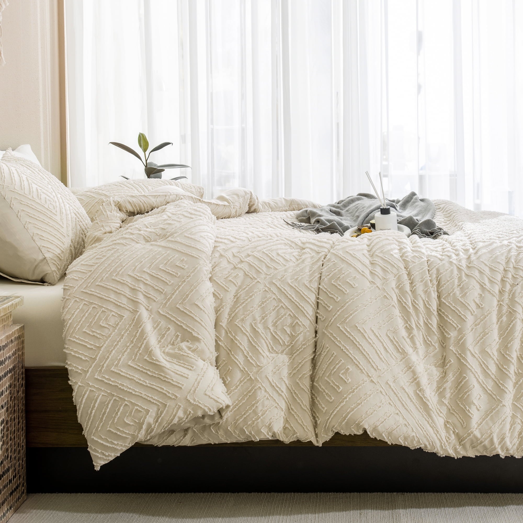Heavyweight Warmth King Size Comforter Sets Beige - 3 Pieces Cream Boho Bedding Comforter Set for King Bed - Soft Fluffy Tufted Textured... - Luxurious Quilted Duvet Cover Set Detail