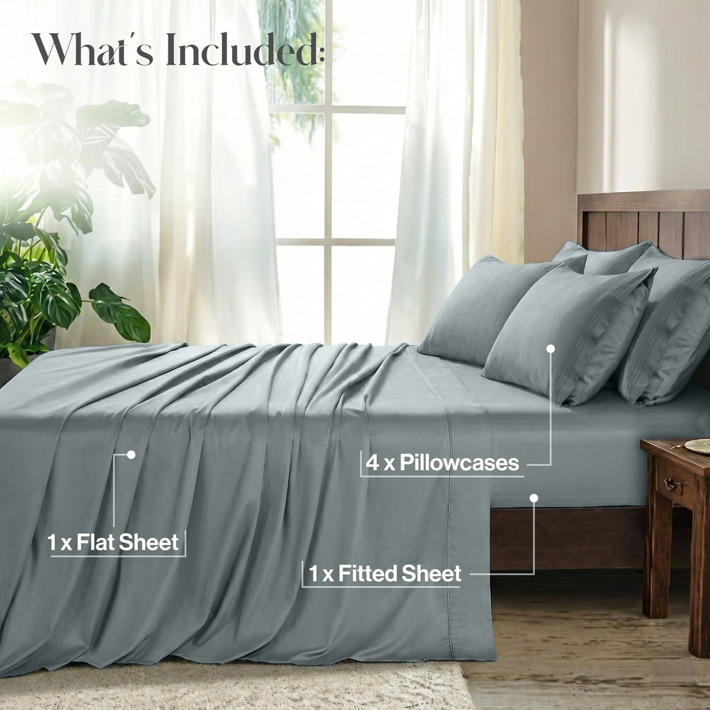 Cooling Sateen Bed Sheets - 6 Piece Ultra-Soft Microfiber Sheets Set, Deep Pocket Fitted Sheet, Flat Sheet & 4 Pillowcases, Breathab... - Cooling Hotel Quality Bedding Sheets and Pillowcases Detail