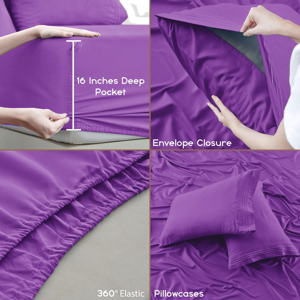 Premium Egyptian Cotton King Bed Sheets - 16 Inch Deep Pocket 6 Piece Microfiber Bedding Sheets & Pillowcase Sets - Purple - Luxury Bed Sheet Set with Deep Pockets Detail