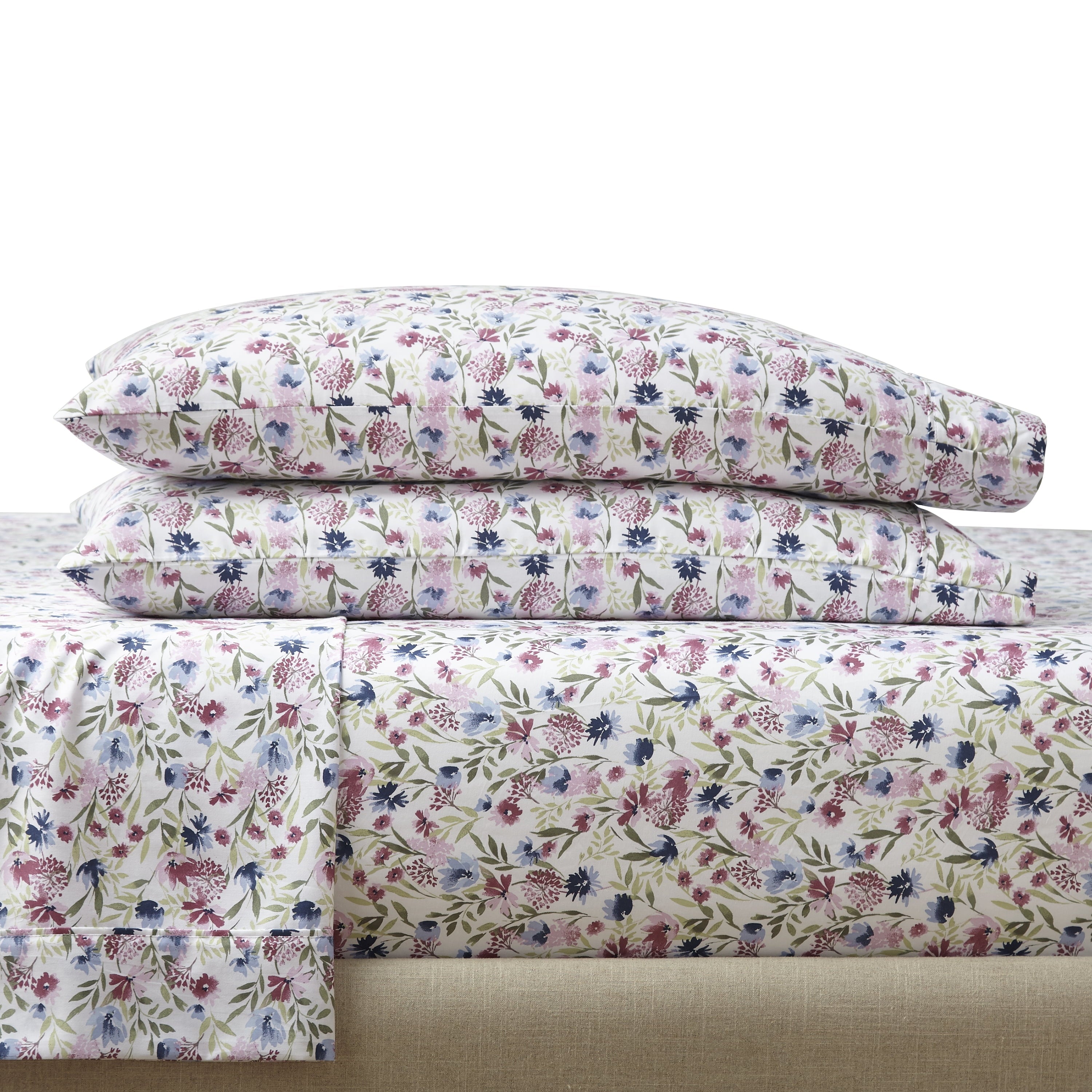 Cooling Sateen 4-Piece 300 Thread Count Bashful Blooms Cool Cotton Sateen Bed Sheet Set, Queen - Breathable Egyptian Cotton Flat & Fitted Sheets Detail