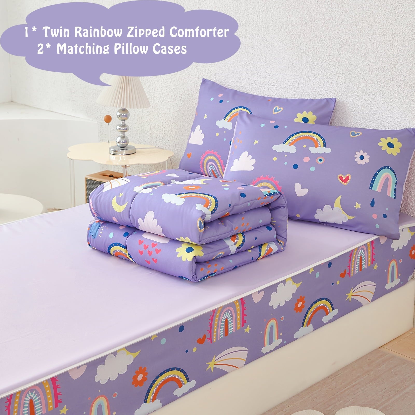 Heavyweight Warmth Zipper Kids Comforter Set, 3-Piece Purple Twin Bed in a Bag, Cartoon Rainbow Stars Flowers Printed Zip Up Comforter S... - Cloud-Like Soft Lightweight Bed Comforter Detail