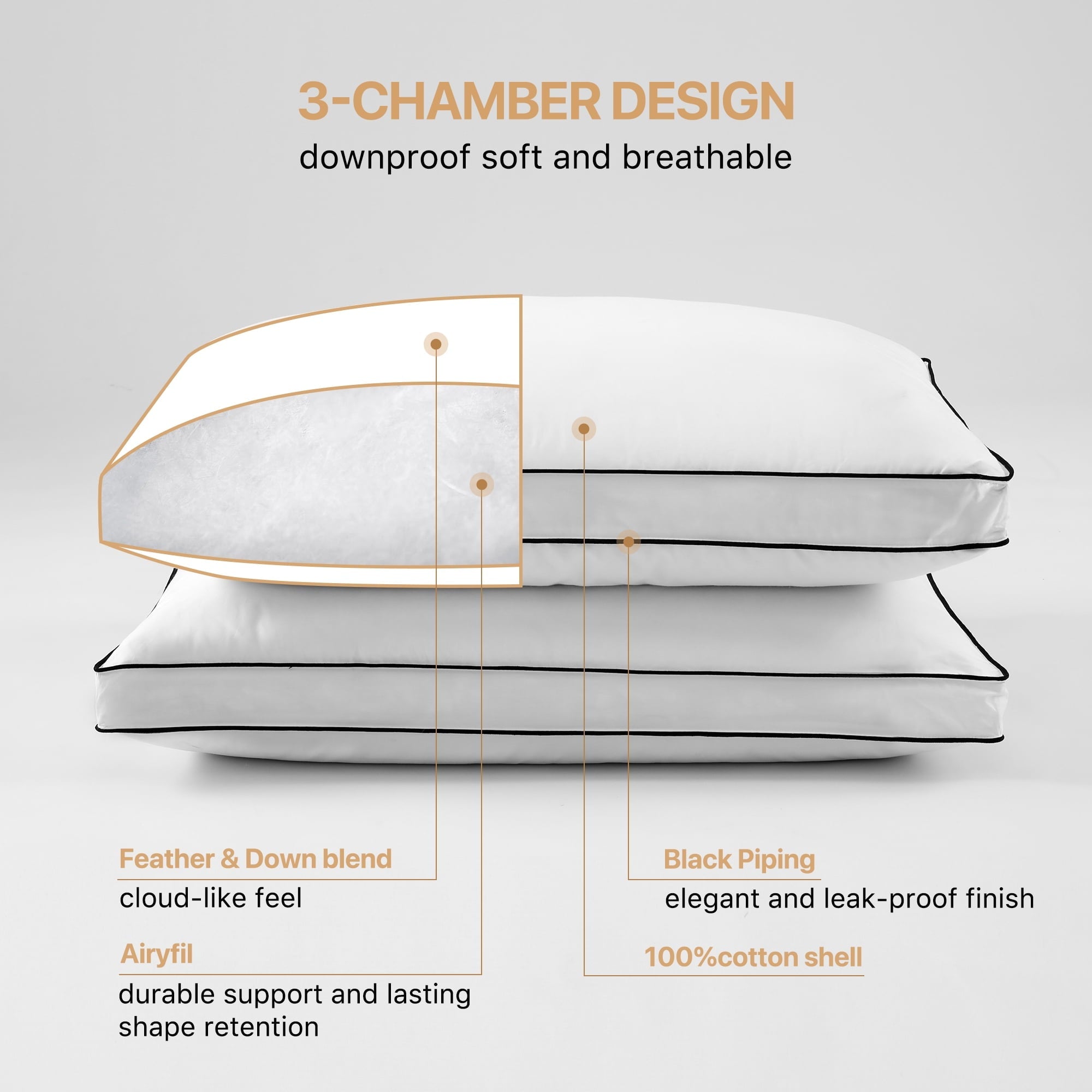 Decorative Plump Gusseted Feather Down Pillow Set of 2, Medium Firm Hotel Bed Pillows 2 Pack, Queen Size for Side Sleepers, 20 x 30 in - Ergonomic Memory Foam Pillow for Neck Pain Support Detail