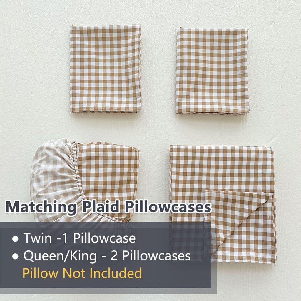 Wrinkle-Resistant Sheet Set, Soft Brushed Microfiber Taupe Plaid Sheets, 4-Piece Brown Grid Set with Deep Pocket - Premium Ultra-Soft Pillowcase Pair for Sleeping Detail