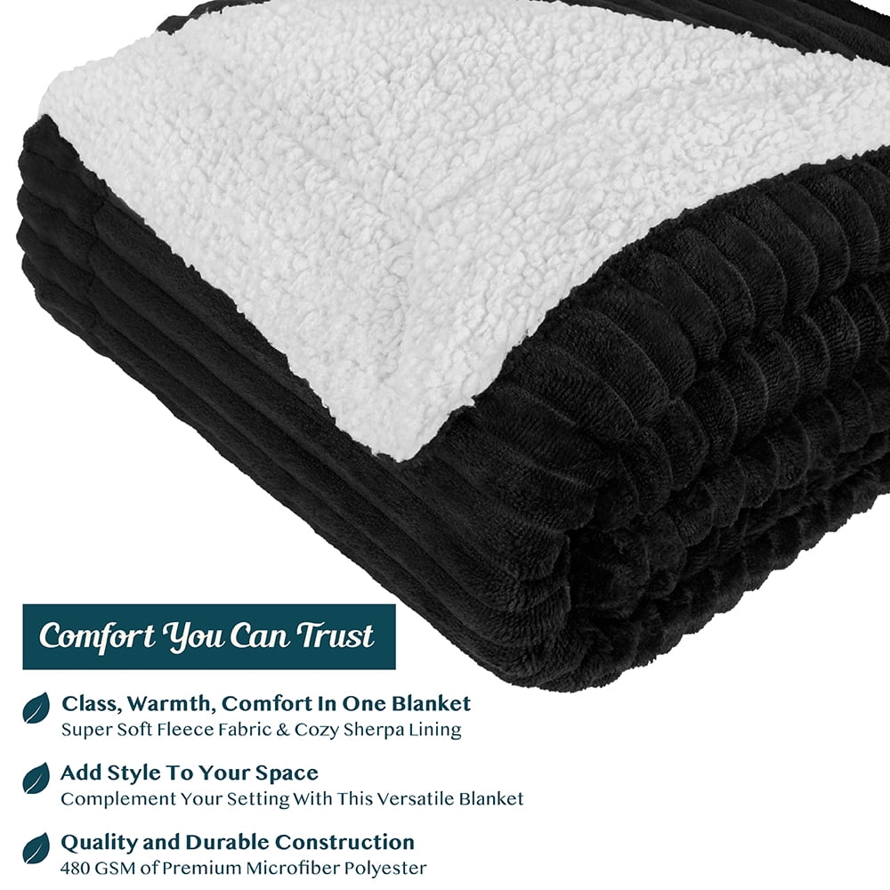 Lightweight Warm Reversible Sherpa Fleece Throw Blanket Black, Plush Flannel Throw, Ultra Soft Warm Ribbed Microfiber Blanket for Sofa... - Cozy Fleece Throw Blanket for Couch & Bed Detail