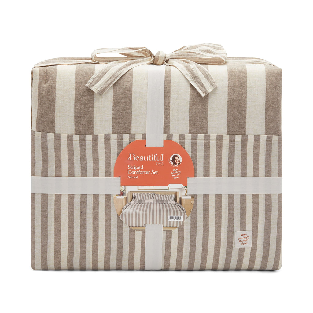 All-Season 100% Cotton Striped 3-Piece Natural Comforter Set, Full/Queen - Hypoallergenic Ultra-Fluffy Quilt for Winter Detail
