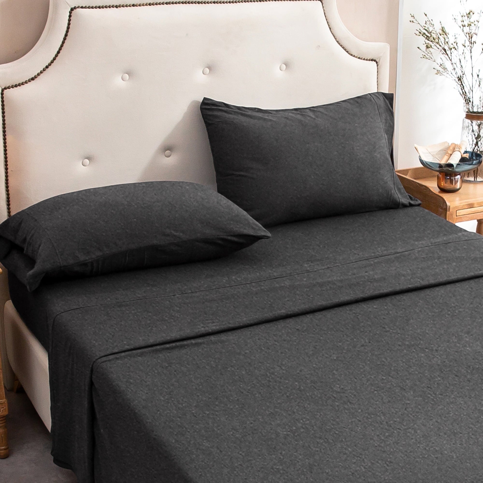 Wrinkle-Resistant 100% Cotton Jersey Knit 4pc Bed Sheet Set Extra Deep Pocket up to 20" Charcoal Gray Queen - Cooling Hotel Quality Bedding Sheets and Pillowcases Detail