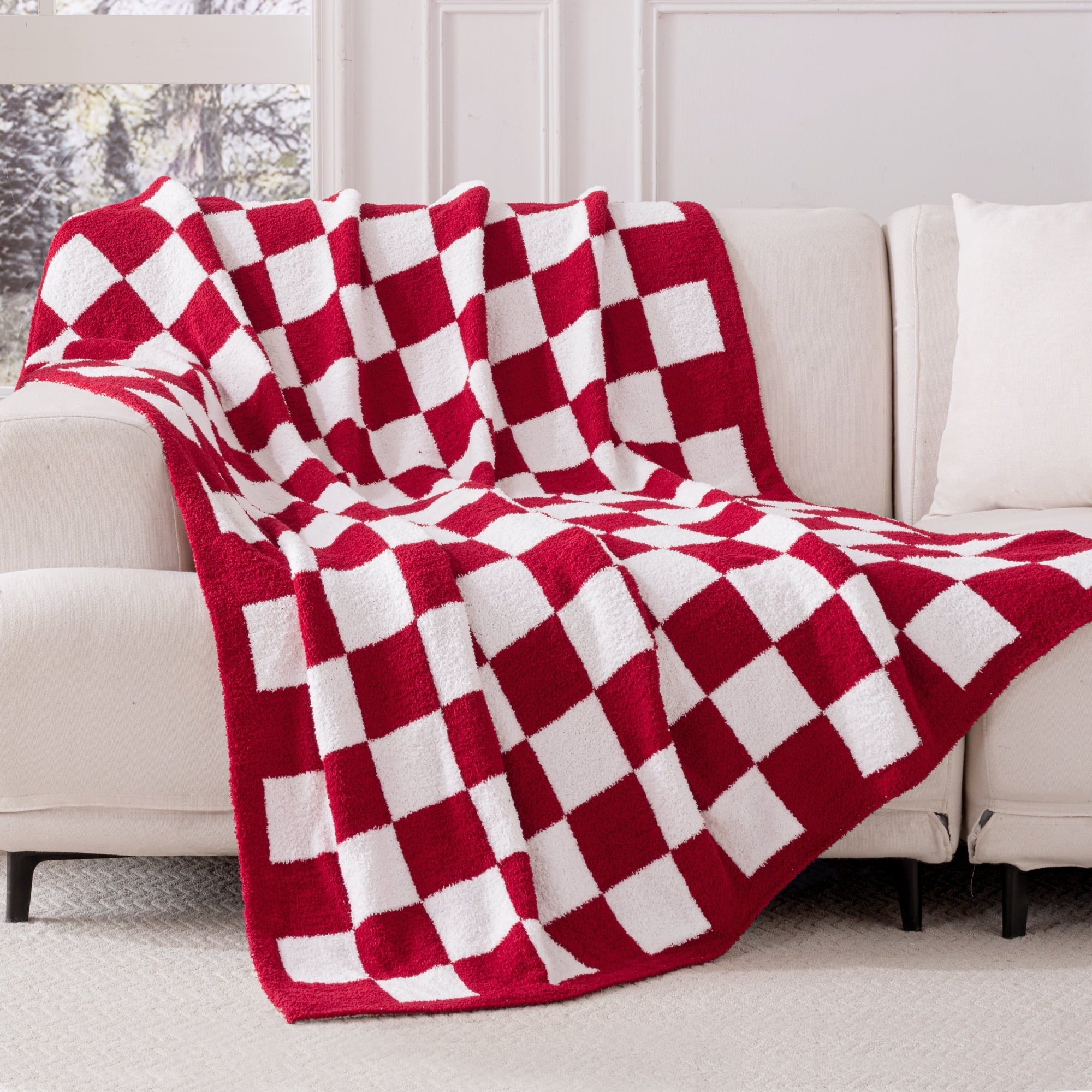 Lightweight Warm Checkered Knit Throw Blanket, Ultra Soft Cozy Fluffy Checkerboard Blankets, Lightweight Fuzzy Plush Throw for Couch a... - Super Soft Reversible Sherpa Flannel Blanket Detail