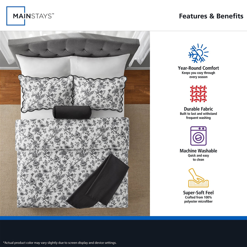 Heavyweight Warmth Floral Scallop 4-Piece White/Black Comforter Set, Twin/Twin XL - Hypoallergenic Ultra-Fluffy Quilt for Winter Detail