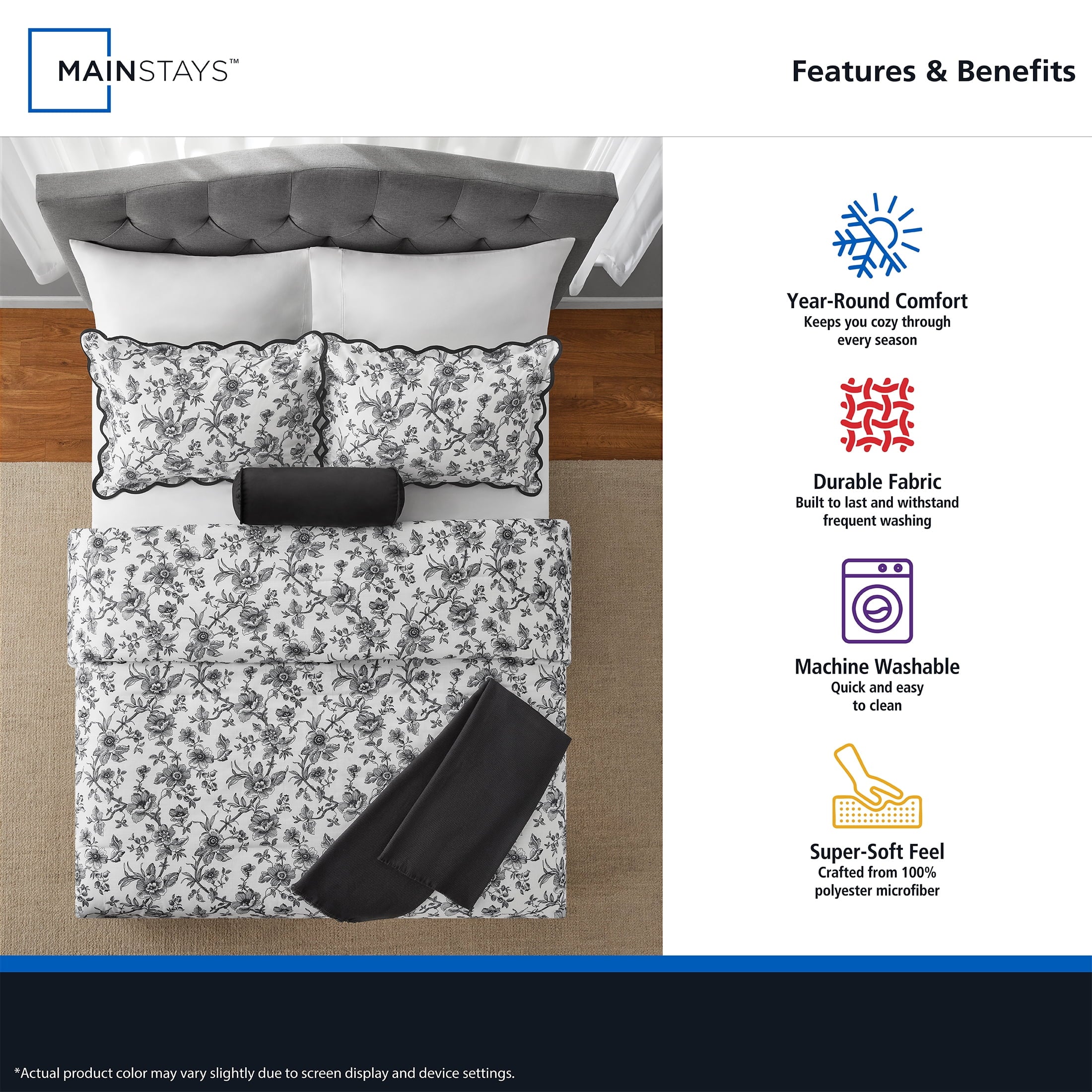 Heavyweight Warmth Floral Scallop 4-Piece White/Black Comforter Set, Twin/Twin XL - Hypoallergenic Ultra-Fluffy Quilt for Winter Detail