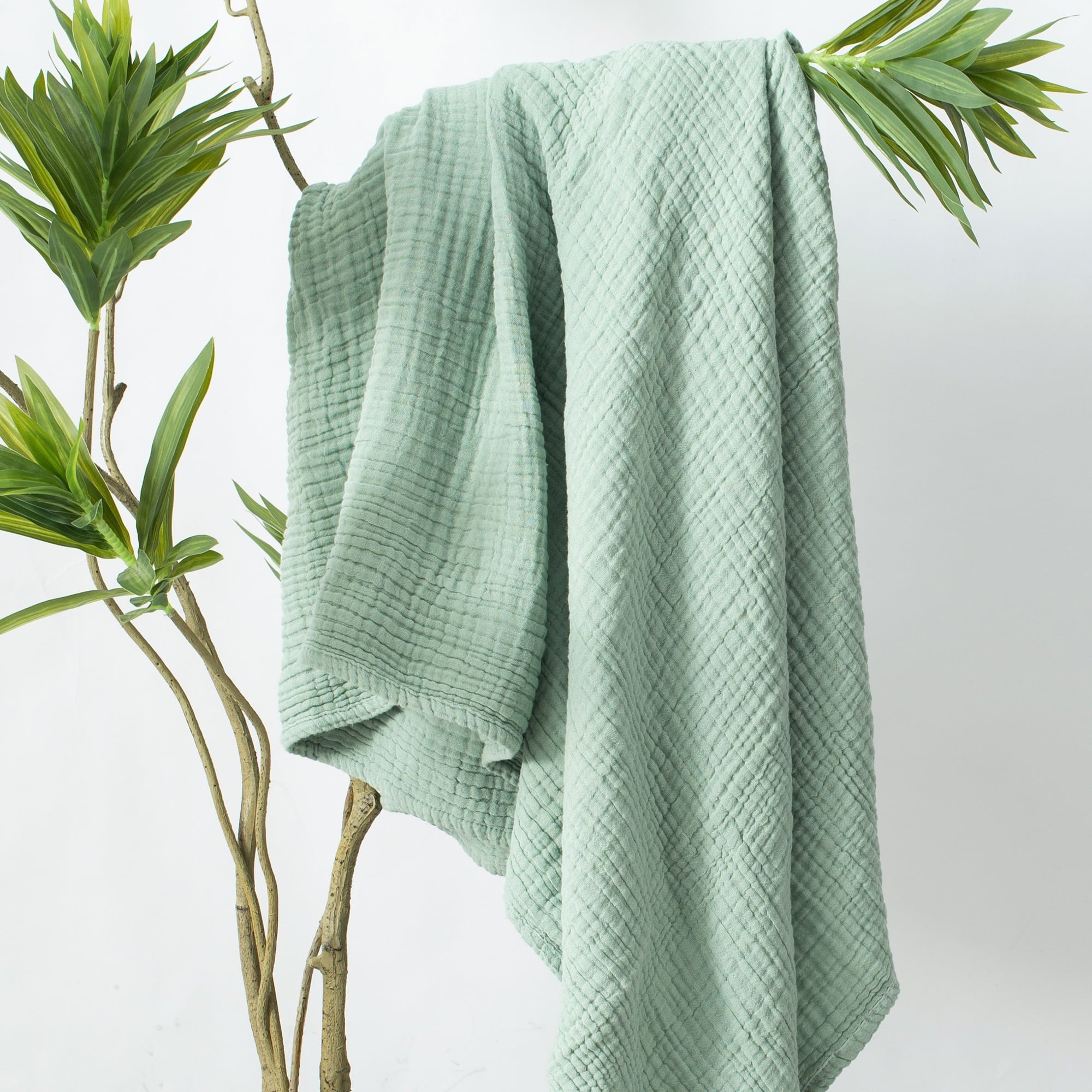 Super Soft Flannel 100% Cotton Muslin Throw Blanket Gauze Blankets for Adults Soft Throws for Bed and Couch, 50" x 70" Sage Green - Cozy Fleece Throw Blanket for Couch & Bed Detail
