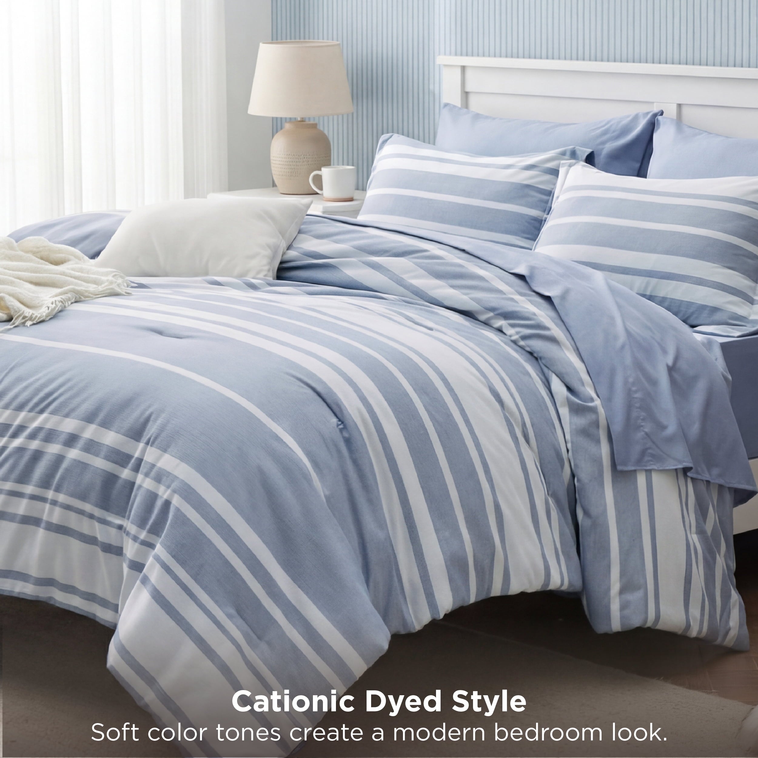 Luxurious Quilted Queen Comforter Set Blue, Bed in a Bag Queen Size Bedding 7-Pieces, Striped Bedding Set for All Seasons - Cloud-Like Soft Lightweight Bed Comforter Detail