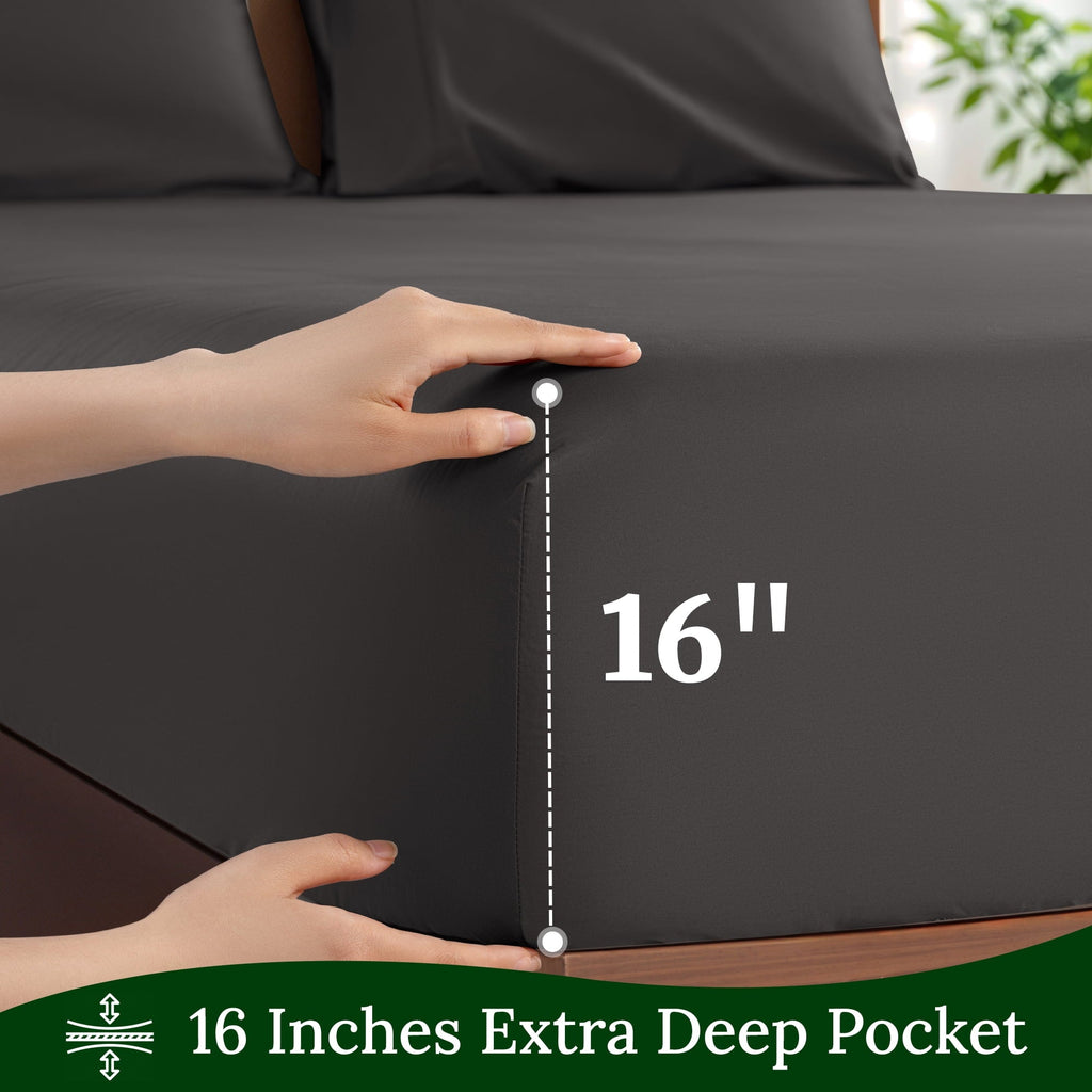 Breathable Luxury 100% Cotton Bed Sheets Set, 1000 Thread Count 4 Piece Luxury Soft Sheets Set with 16" Deep Pocket, Queen, Dark Gray - Luxury Bed Sheet Set with Deep Pockets Detail