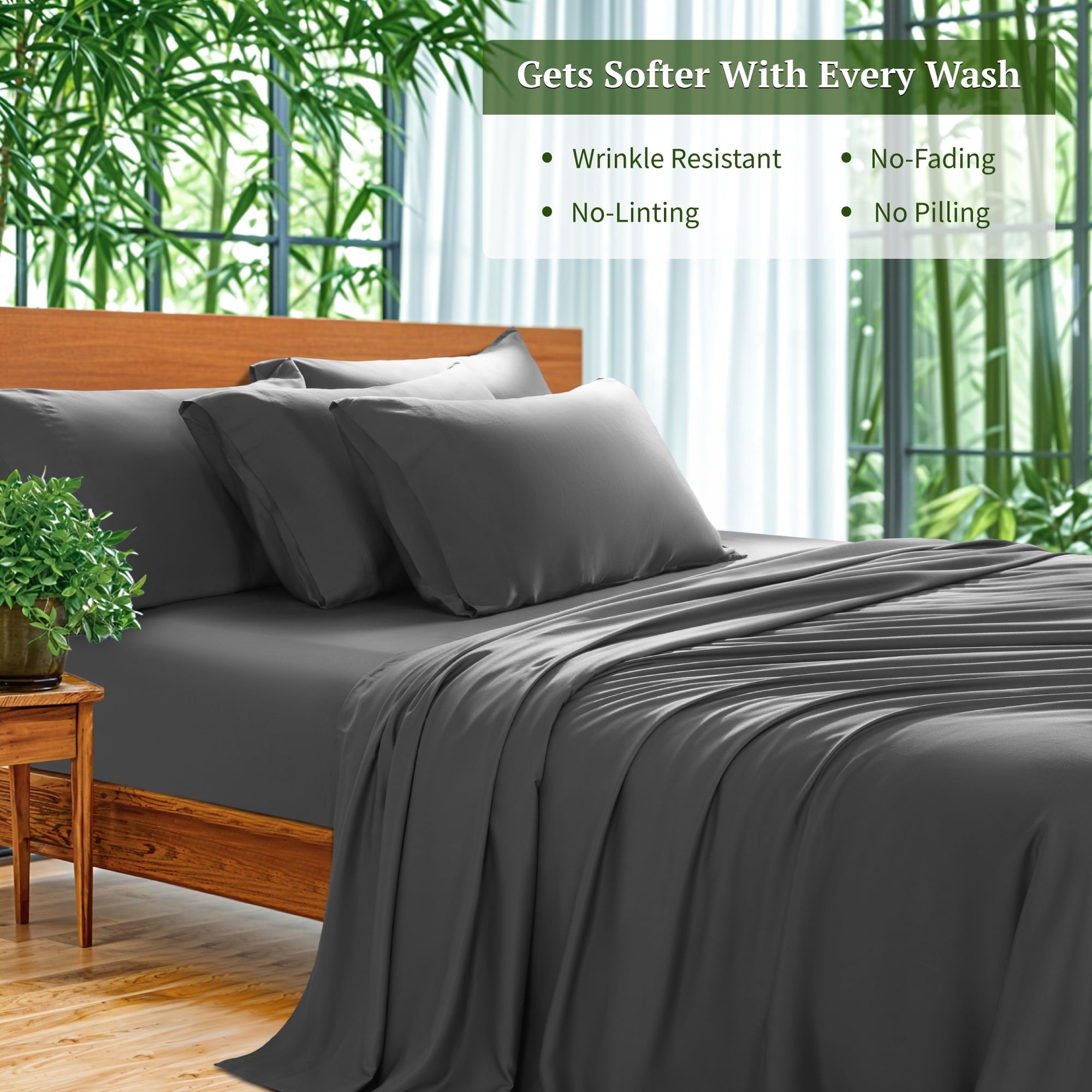 Wrinkle-Resistant 6 Pieces Bamboo Bed Sheets Set, Luxury Rayon Derived - Deep Pockets - Wrinkle Free - Extremely Soft, Queen, Dark Gray - Cooling Hotel Quality Bedding Sheets and Pillowcases Detail