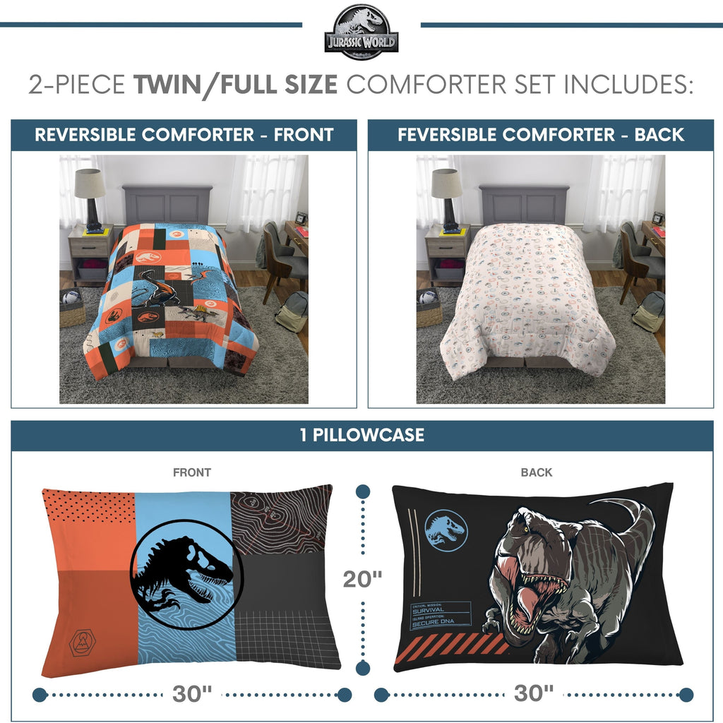 Heavyweight Warmth Kids 2 Piece Blue Orange Reversible Dinosaur Comforter and Pillowcase set, Twin/full - Hypoallergenic Ultra-Fluffy Quilt for Winter Detail