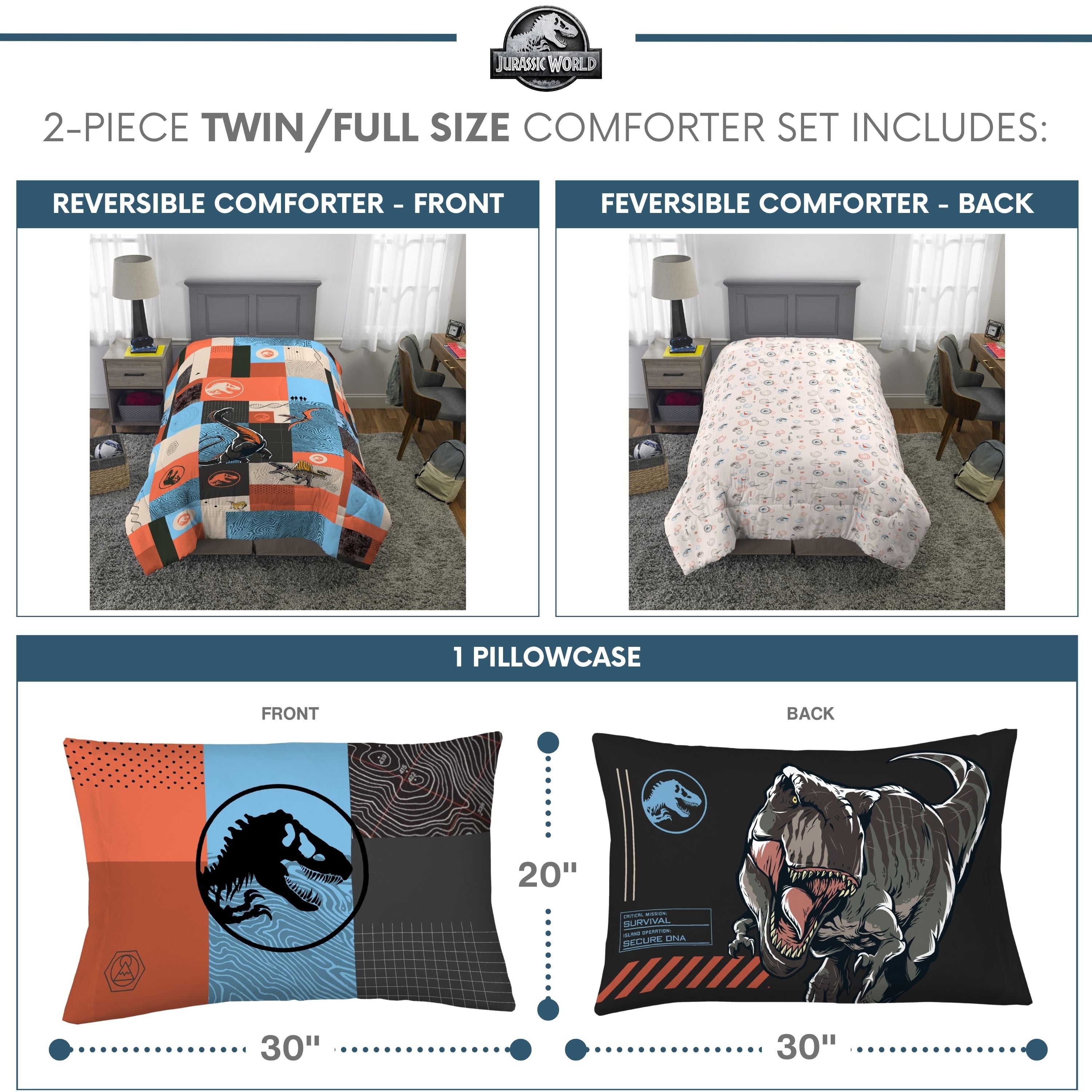 Heavyweight Warmth Kids 2 Piece Blue Orange Reversible Dinosaur Comforter and Pillowcase set, Twin/full - Hypoallergenic Ultra-Fluffy Quilt for Winter Detail