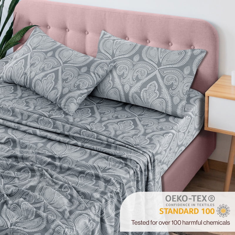 Cooling Sateen Lux Decor 4 Piece Queen Sheet Set, Brushed Microfiber Paisley Printed Bed Sheet Set with up to 16" Deep Pocket Fitted... - Breathable Egyptian Cotton Flat & Fitted Sheets Detail
