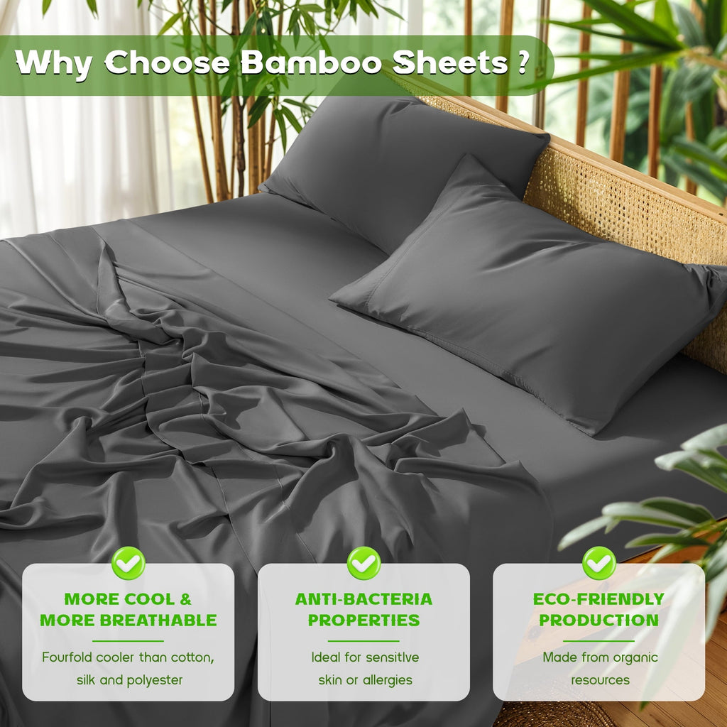 Ultra-Soft Luxury Bamboo Bed Sheet Set - Deep Pockets - 4 Piece, Queen, Dark Gray - Luxury Bed Sheet Set with Deep Pockets Detail