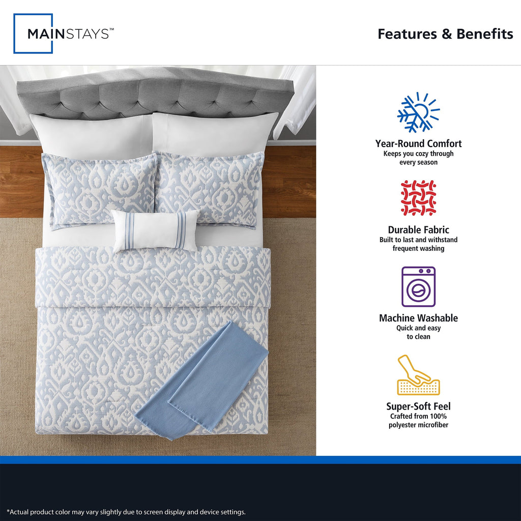 Fluffy Down Alternative Full/Queen Comforter Set, All-Season, 5-Piece, Blue Matelasse Ikat - Luxurious Quilted Duvet Cover Set Detail