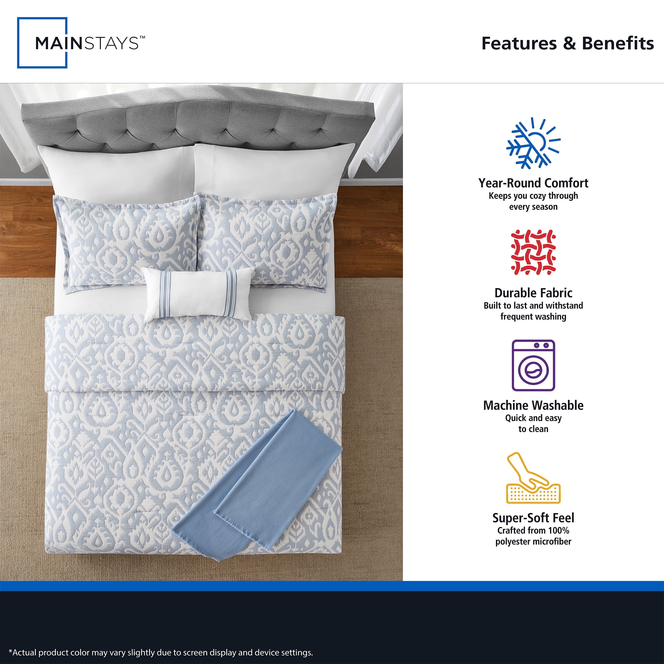 Fluffy Down Alternative Full/Queen Comforter Set, All-Season, 5-Piece, Blue Matelasse Ikat - Luxurious Quilted Duvet Cover Set Detail
