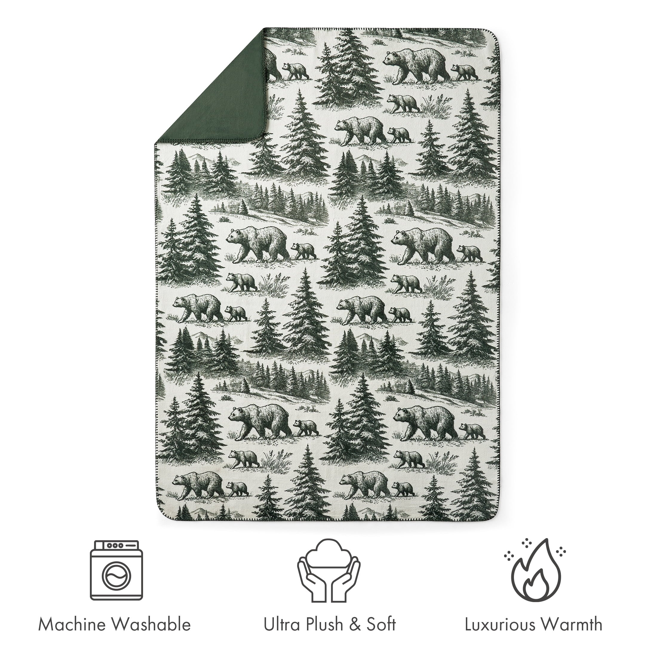 Reversible Sherpa Plush Oversized Throw Blanket for Couch or Bed, Soft Flannel Fleece, Green Pine Trees, 50"x72" - Super Soft Reversible Sherpa Flannel Blanket Detail
