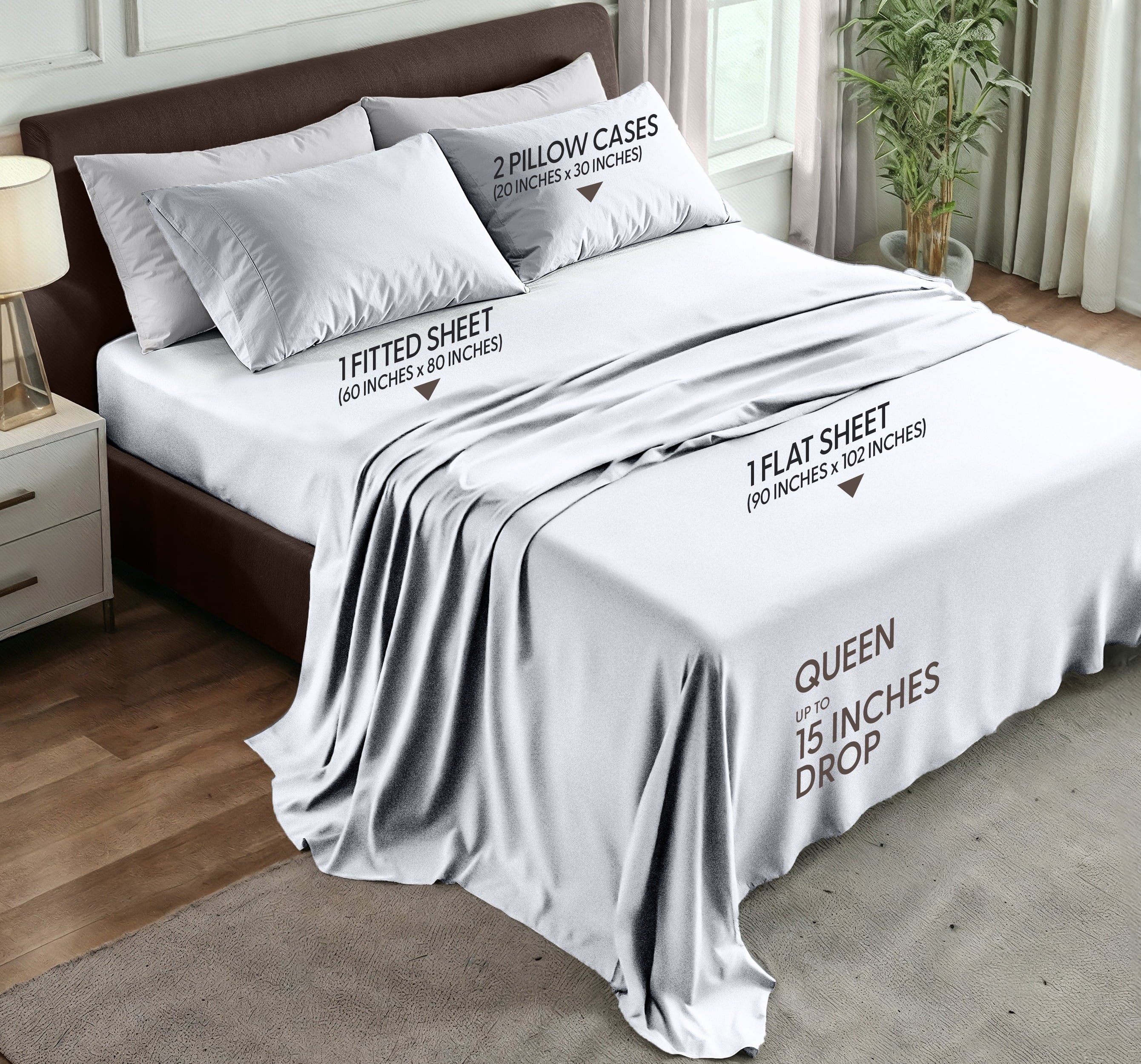 Premium Egyptian Cotton Queen Size Bed Sheet Set in Bright White – 4 Piece Microfiber Sheets, Ultra-Soft, Deep Pocket, Wrinkle-Resistant, Eas... - Cooling Hotel Quality Bedding Sheets and Pillowcases Detail