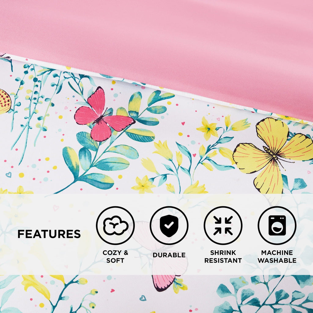 Heavyweight Warmth Full/Queen Size Comforter Sets, 4-Piece Kids Bedding Set for Girls, Butterfly Floral Comforter Bed Set, White/Pink - Luxurious Quilted Duvet Cover Set Detail