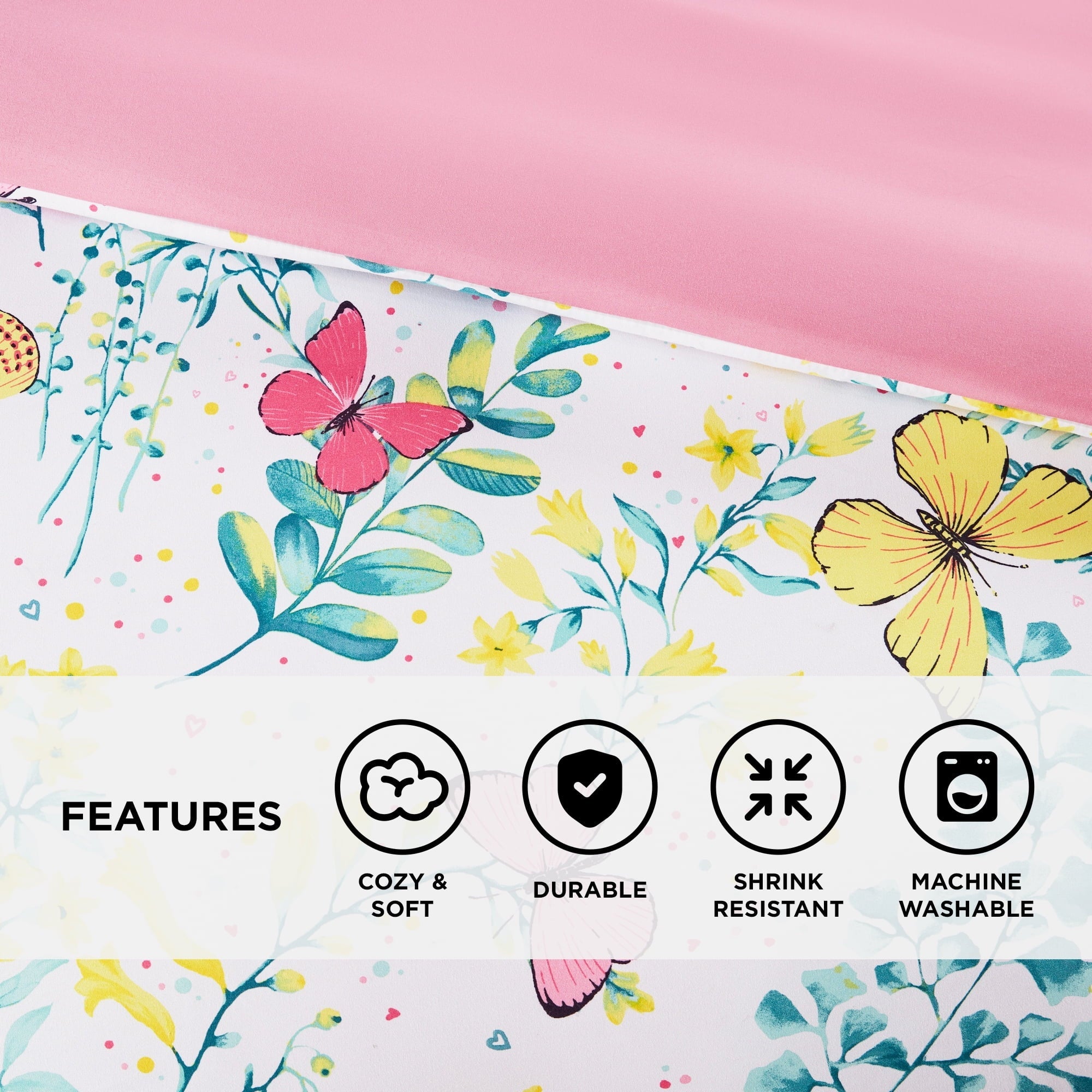 Heavyweight Warmth Full/Queen Size Comforter Sets, 4-Piece Kids Bedding Set for Girls, Butterfly Floral Comforter Bed Set, White/Pink - Luxurious Quilted Duvet Cover Set Detail