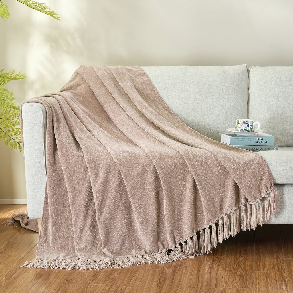 Cozy Fleece Chenille Throw Blanket with Fringe Tassel for Couch Sofa Chair Bed, Taupe 50" X 60" - Lightweight Plush Warm Blanket for All Seasons Detail