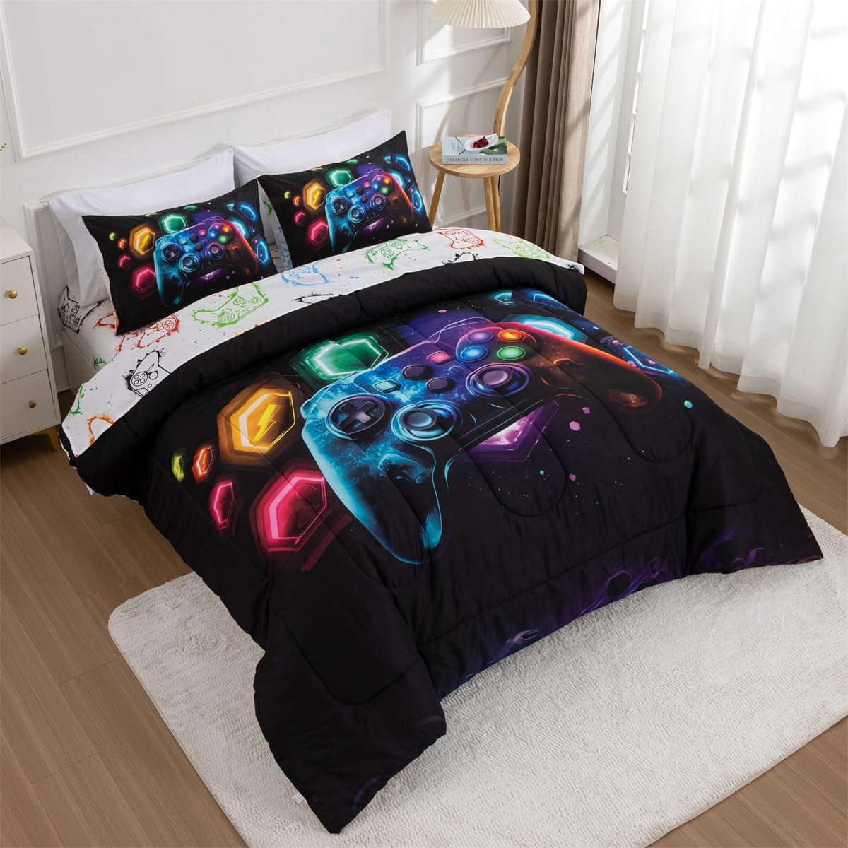 Luxurious Quilted Game Console Comforter Set for Boys Girls Kids Space Universe Gaming Geometric Lightweight Microfiber Gamer Bedding S... - All-Season Down Alternative Comforter Insert Detail