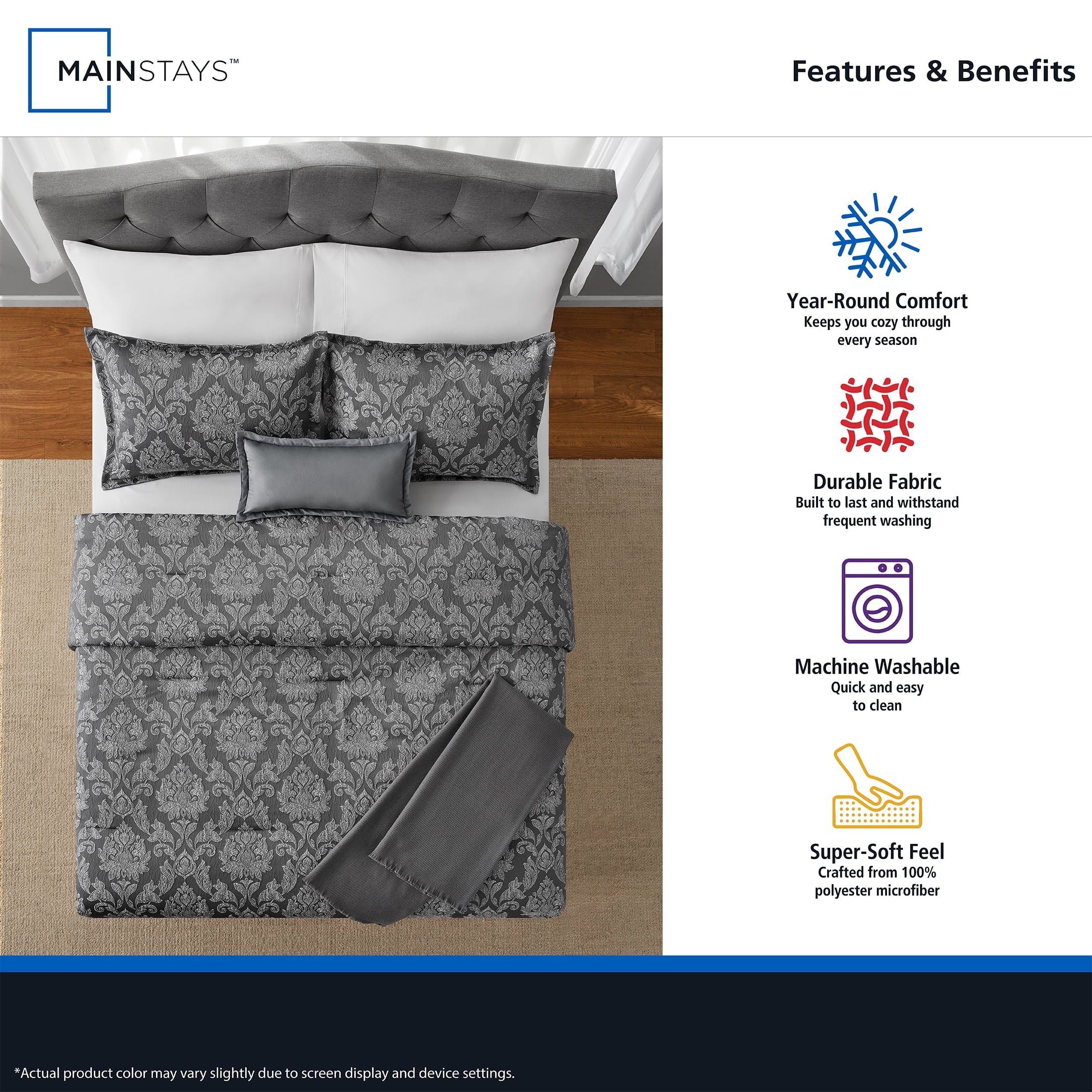 Heavyweight Warmth Full/Queen Comforter Set, All-Season, 5-Piece, Grey Jacquard Damask - Cloud-Like Soft Lightweight Bed Comforter Detail