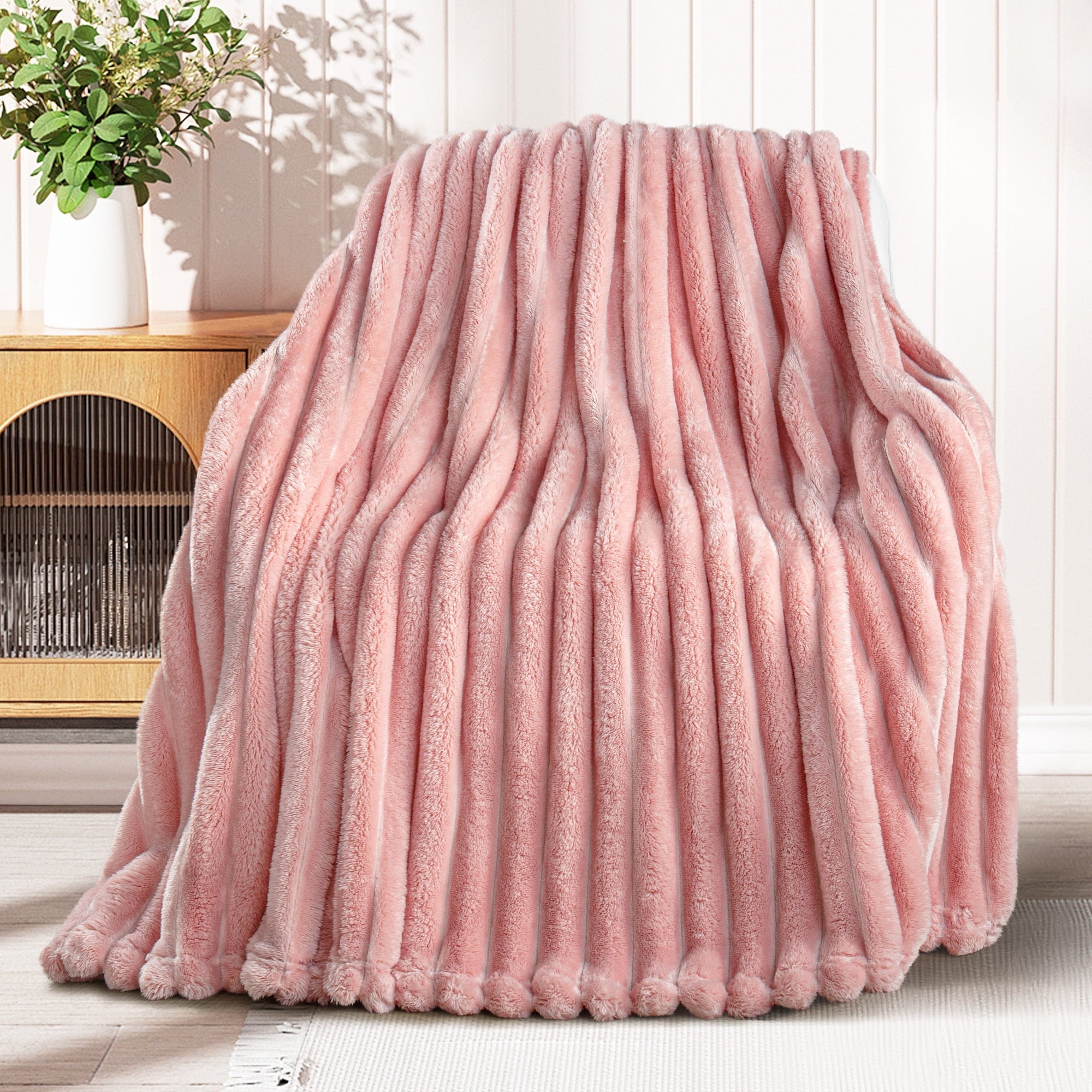 Super Soft Flannel Fleece Throw Blanket for Couch, Super Soft 3D Striped Jacquard Blanket, Lightweight Fuzzy Cozy Blankets, Pink, 50"x60" - Cozy Fleece Throw Blanket for Couch & Bed Detail