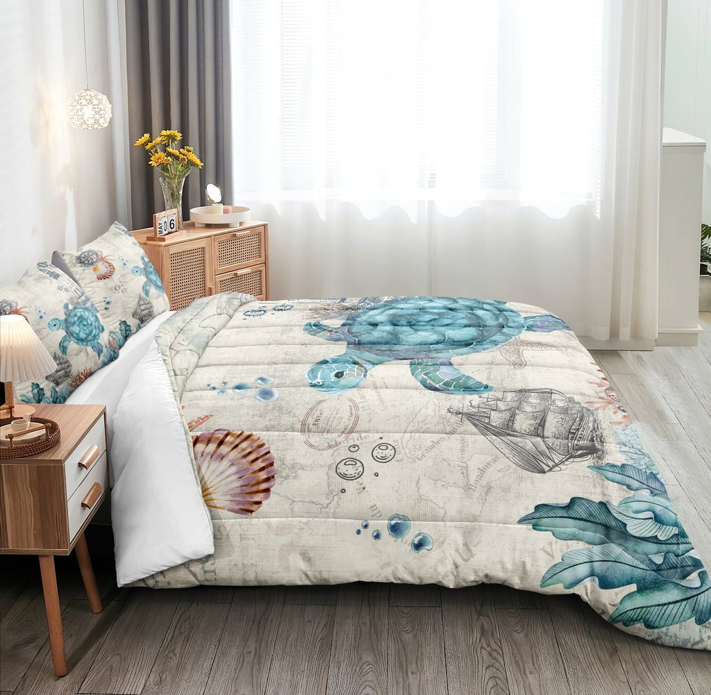 Hypoallergenic Cloud Sea Turtle Comforter Set Queen Ocean Beach Bedding Set Soft and Lightweight Retro Style Design Coastal Bedding Set - Luxurious Quilted Duvet Cover Set Detail