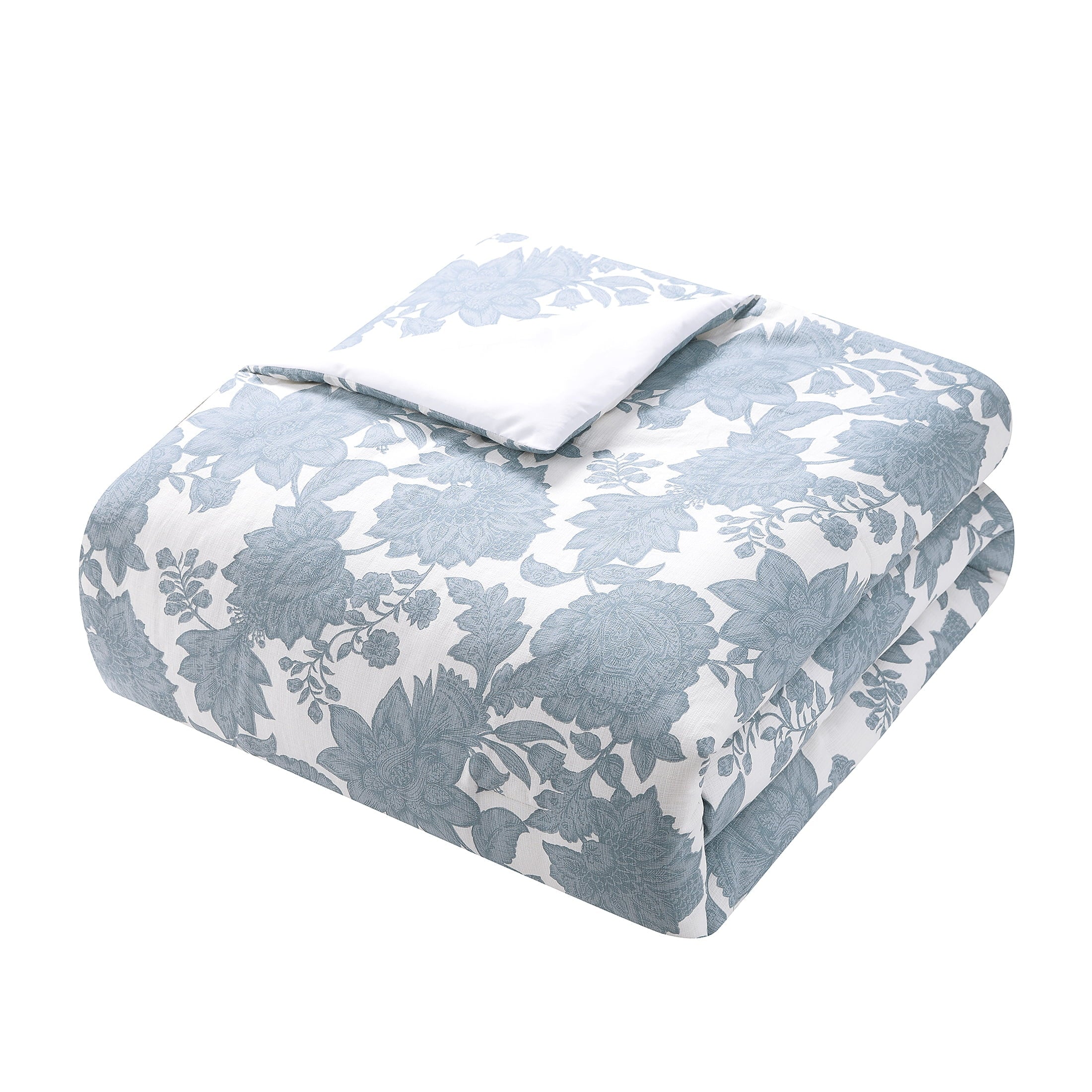 Fluffy Down Alternative Veronica 3-Piece Blue Floral Cotton Slub Comforter Set, King - Hypoallergenic Ultra-Fluffy Quilt for Winter Detail