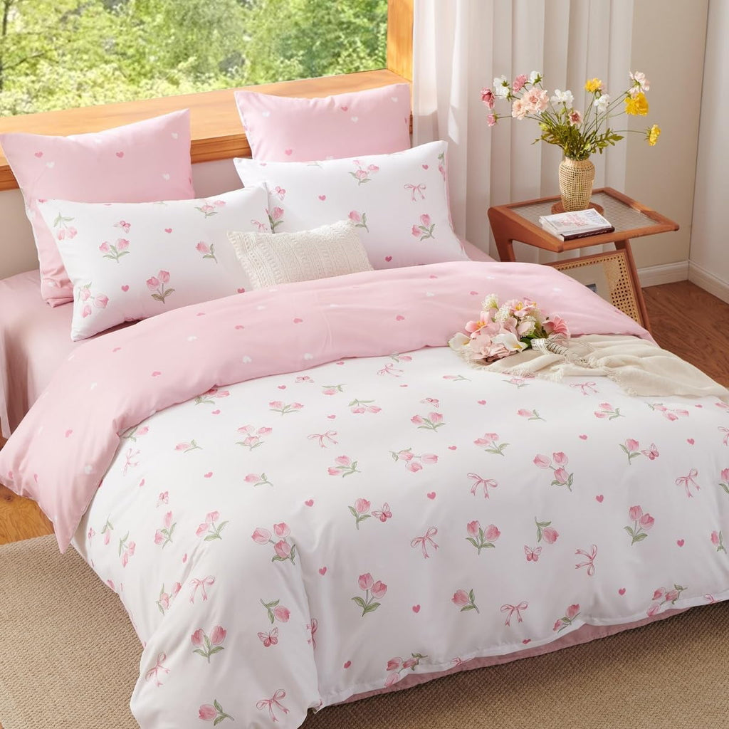 Heavyweight Warmth Pink Tulip Queen Comforter Set, 3-Piece Pink Flowers Reversible Soft Bedding Set or Adults All Season - Hypoallergenic Ultra-Fluffy Quilt for Winter Detail