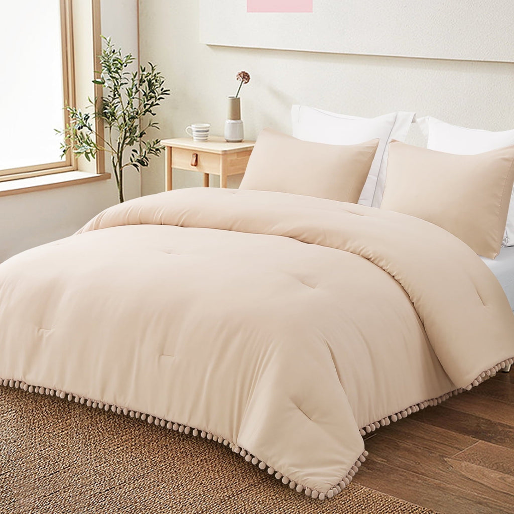 Fluffy Down Alternative Boho Pom Pom Ball Fringe King Size Comforter Set, 3 Pieces Beige Lightweight Down Alternative Bedding Comforter Sets ... - All-Season Down Alternative Comforter Insert Detail